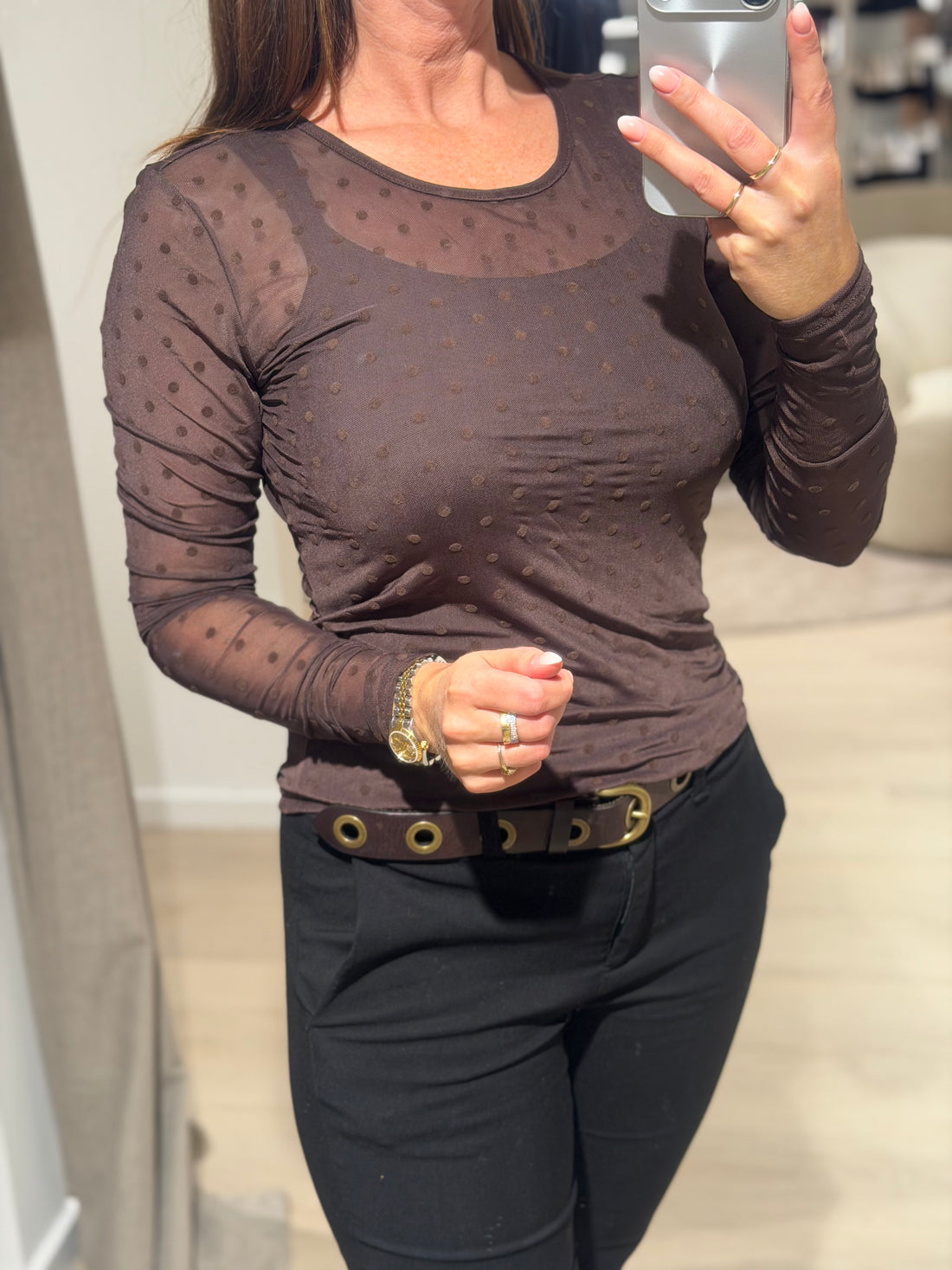 Liberté - Mesh Bluse - Brun Prikker