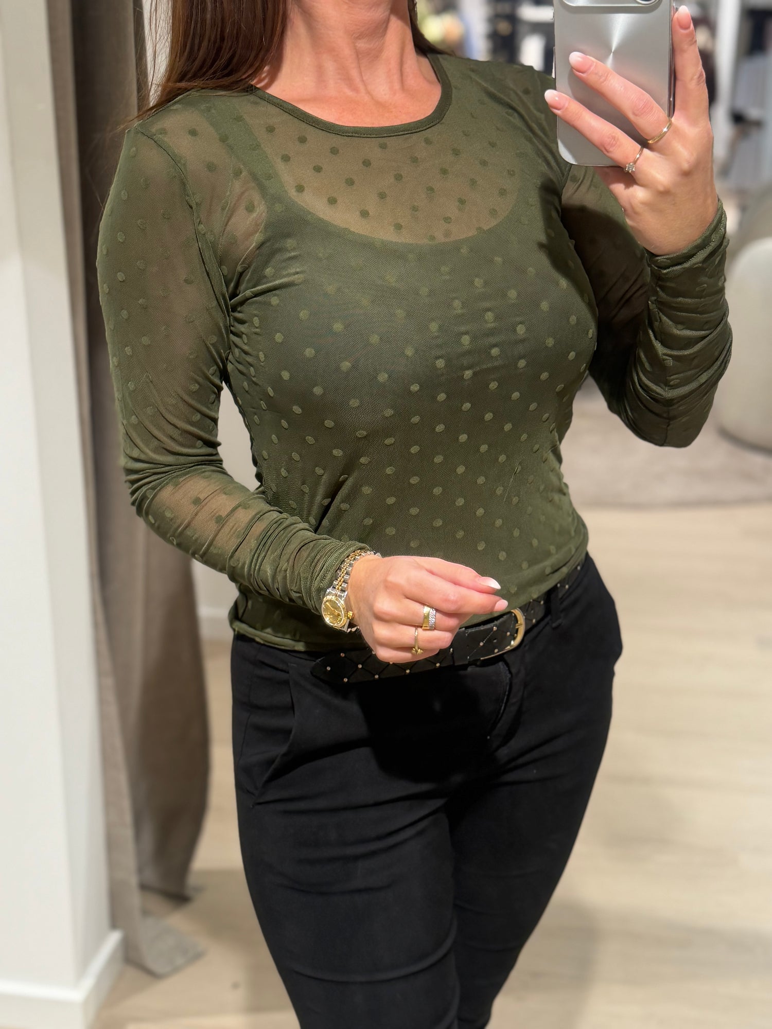 Liberté - Mesh Bluse - Grøn m. prikker