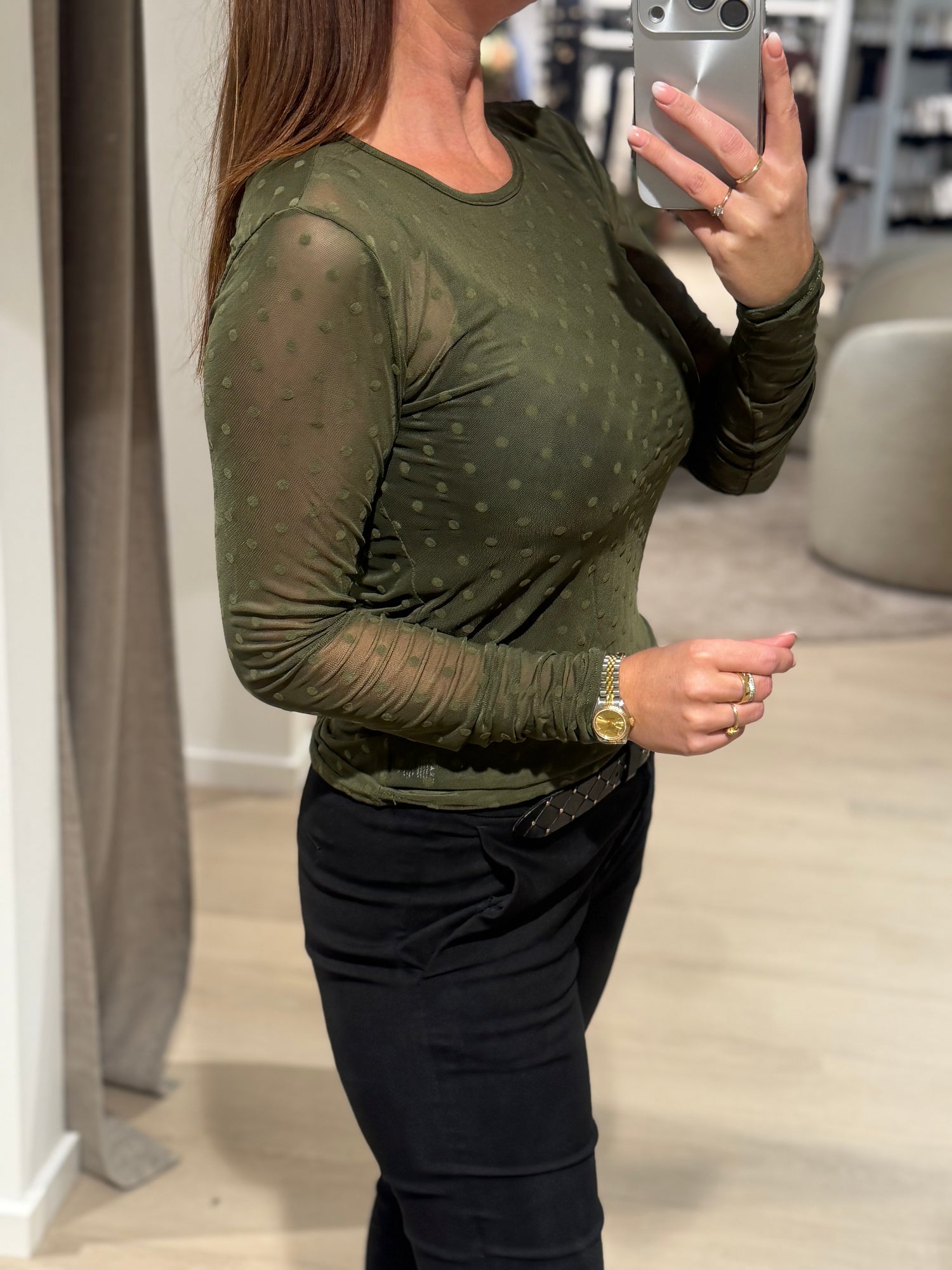 Liberté - Mesh Bluse - Grøn m. prikker